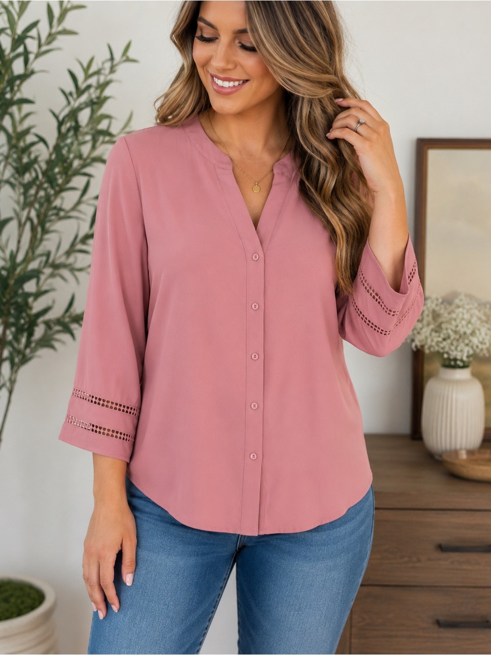 41 Hawthorn Rose V-Neck Button Front Blouse